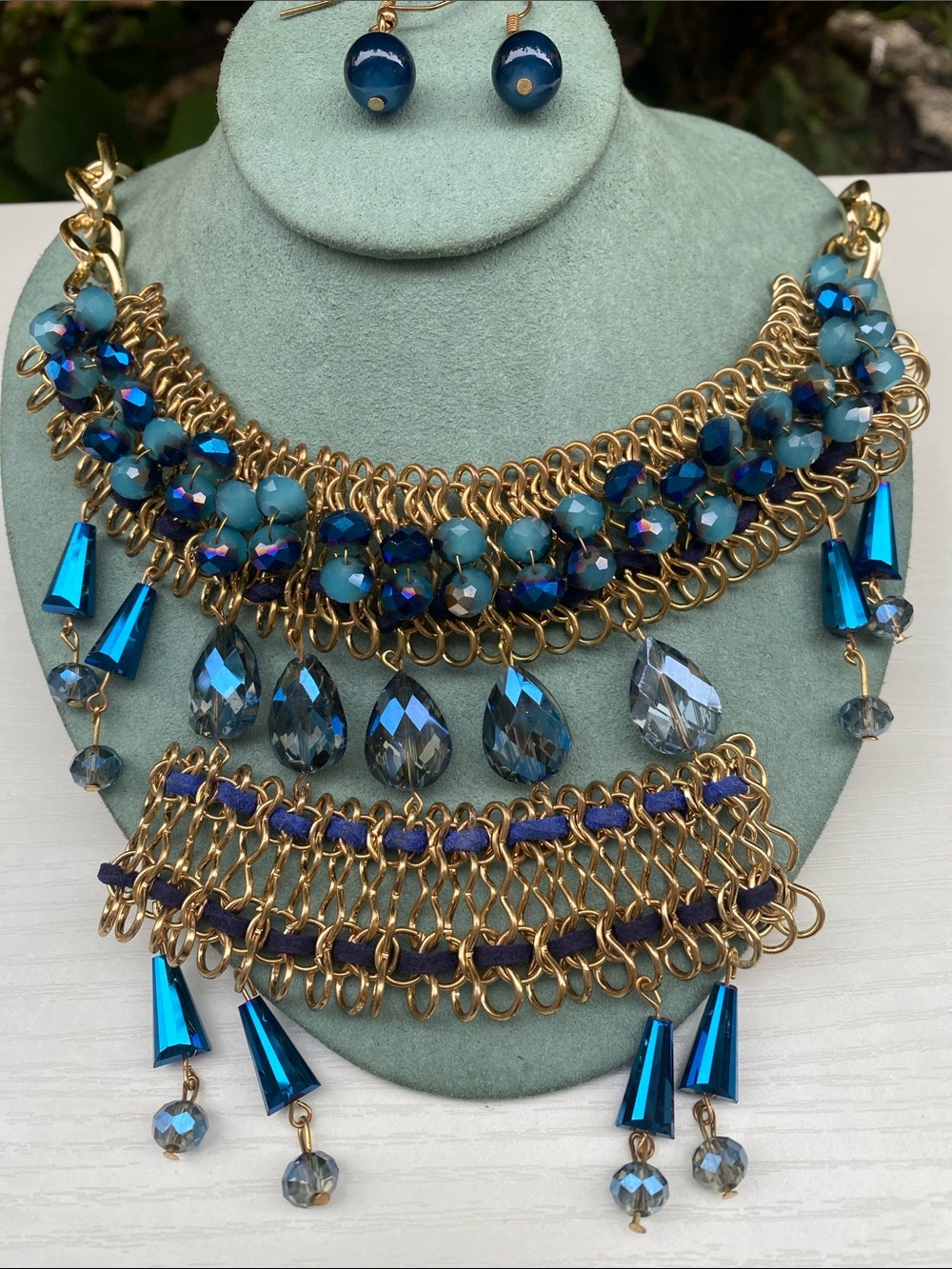 Gold Toned -Blue Statement Necklace Set